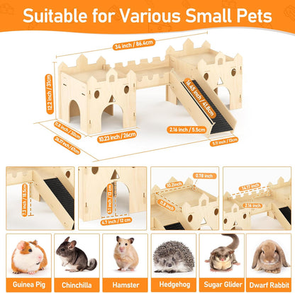 Guinea Pig Hideout House, Deluxe Wooden Hamster Hideout with Climbing Ladder & Rest Zone, Bunny Castle Tower Toy for Guinea Pig Chinchilla Gerbil Hedgehog Small Animal House Habitat Hut