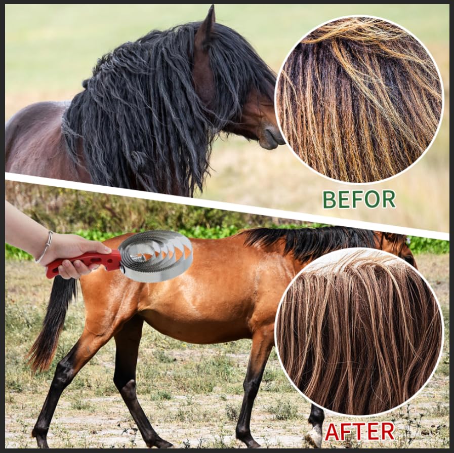 6 Rings Reversible Stainless Steel Curry Comb Horse Brush, Currycombs Steel Comb With Red Soft Touch Grip For Tool Pet Cattle Sheep Dogs Cats Goats Horse Beauty Products