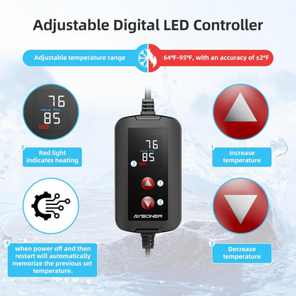 Aysoner Aquarium Heater for Fish Tank: 100W Adjustable Submersible Thermostat with Off-Water Protection & UL Certified Cord for 10-20 Gallons Fish Turtle Tank Enthusiasts
