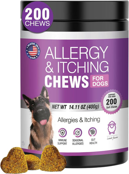 Dog Allergy Chews 200ct - Dog Allergy and Itching Skin Relief Anti Itch Aller Immune Bites for Dogs Licking Paws Treatment Relief Itchy Chew Probiotics Vitamins for Skin and Coat Allergies - Lamb