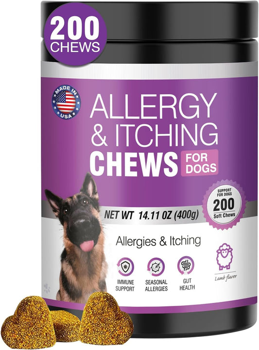 Dog Allergy Chews 200ct - Dog Allergy and Itching Skin Relief Anti Itch Aller Immune Bites for Dogs Licking Paws Treatment Relief Itchy Chew Probiotics Vitamins for Skin and Coat Allergies - Lamb