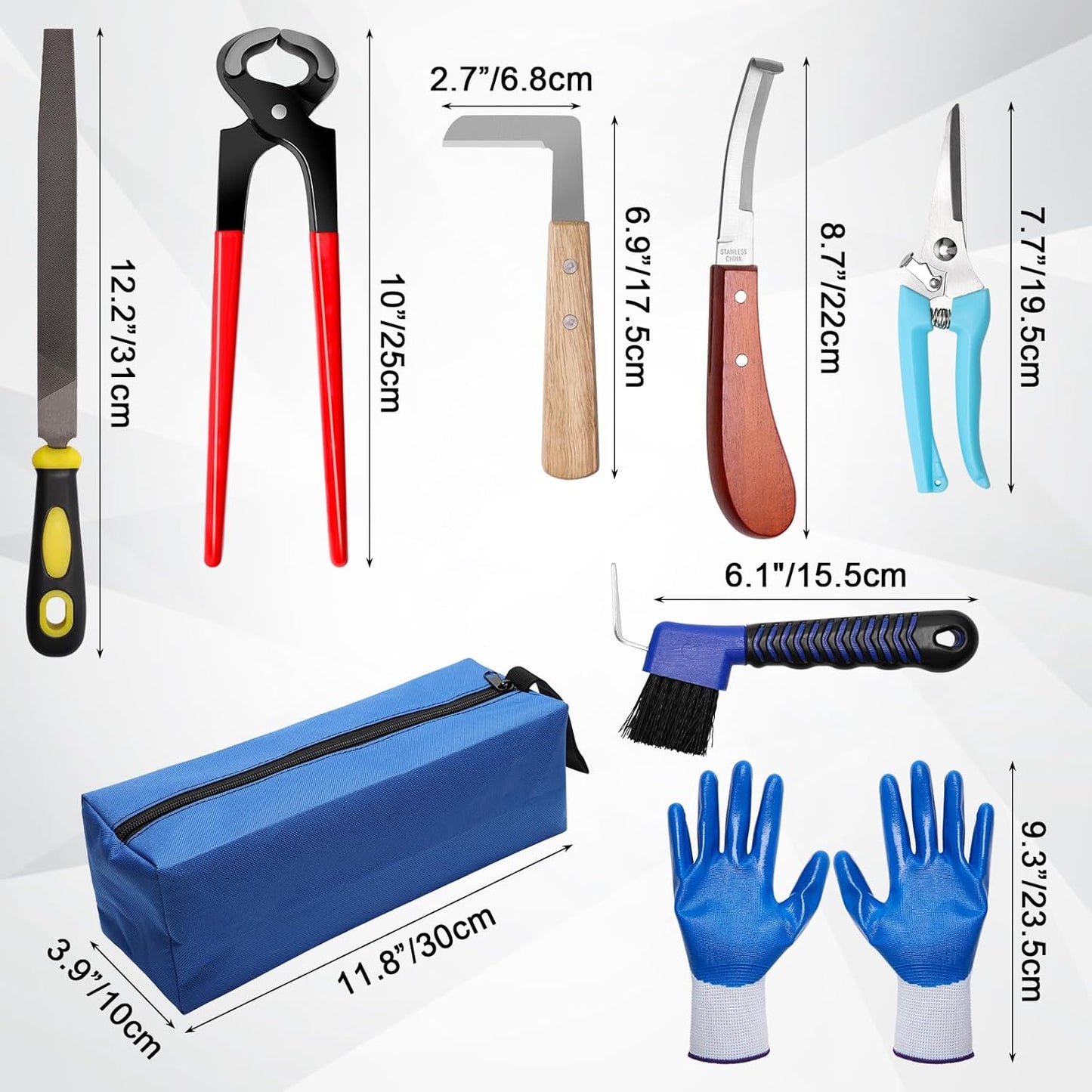 10 Inch 8 Pcs Farrier Tools, Horse Goat Hoof Trimmers for Goats and Sheep with Carbon Steel Nipper, Shears Nail Clipper, Rasp File, Hoof Trimming Cutter Knives, Horseshoe Brush, Storage Bag