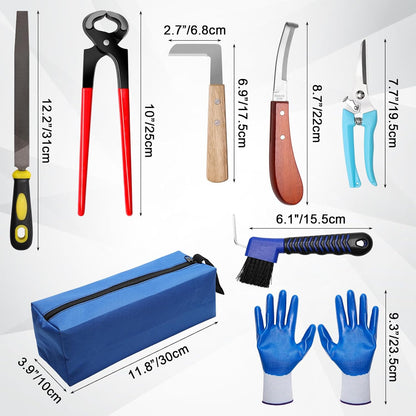 10 Inch 8 Pcs Farrier Tools, Horse Goat Hoof Trimmers for Goats and Sheep with Carbon Steel Nipper, Shears Nail Clipper, Rasp File, Hoof Trimming Cutter Knives, Horseshoe Brush, Storage Bag