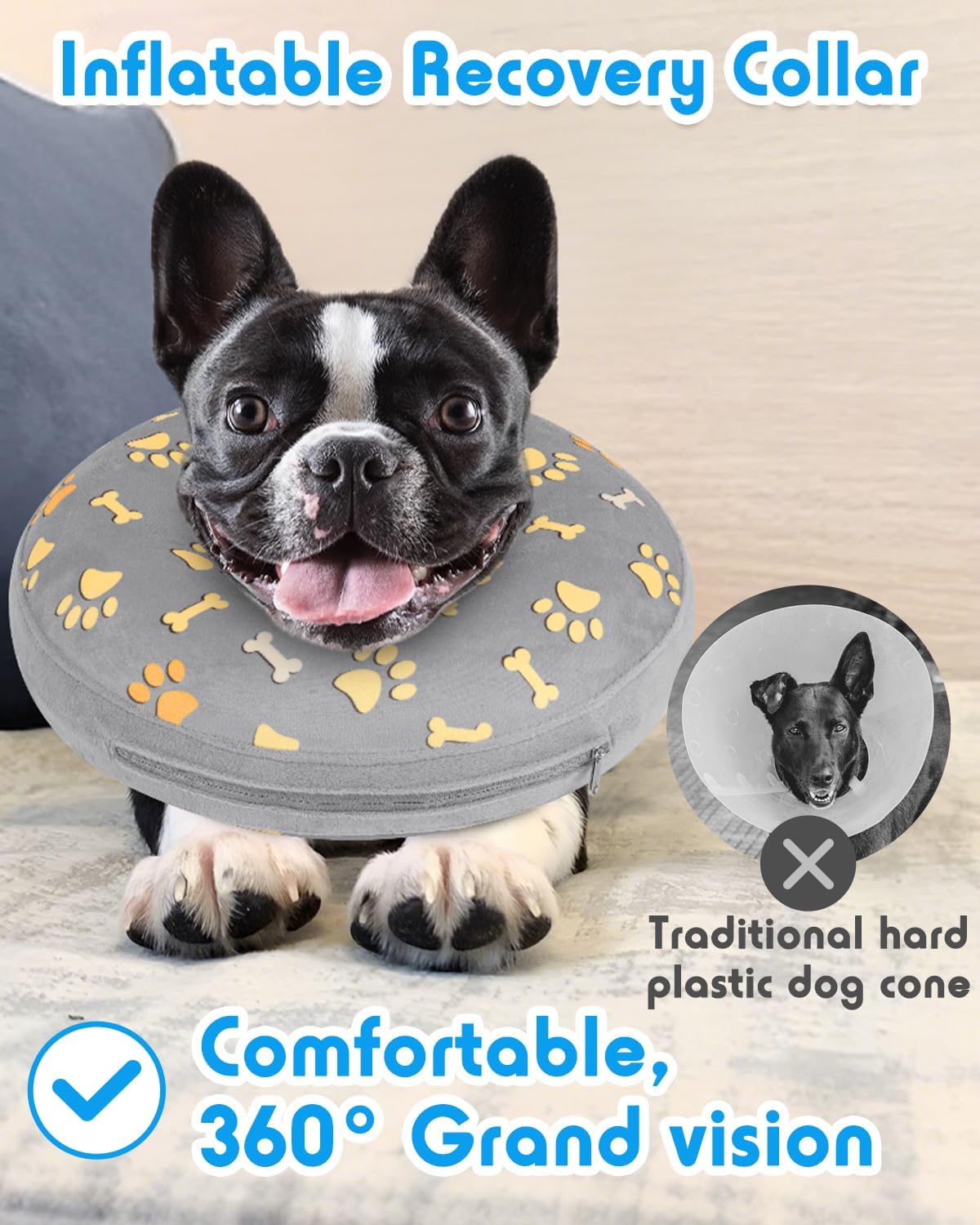 Inflatable Dog Pillow Cone Collar After Surgery, Donut Soft Neck Cone for Pug Dachshund Medium Dogs, etc, Recovery E Collar to Stop Licking Paw