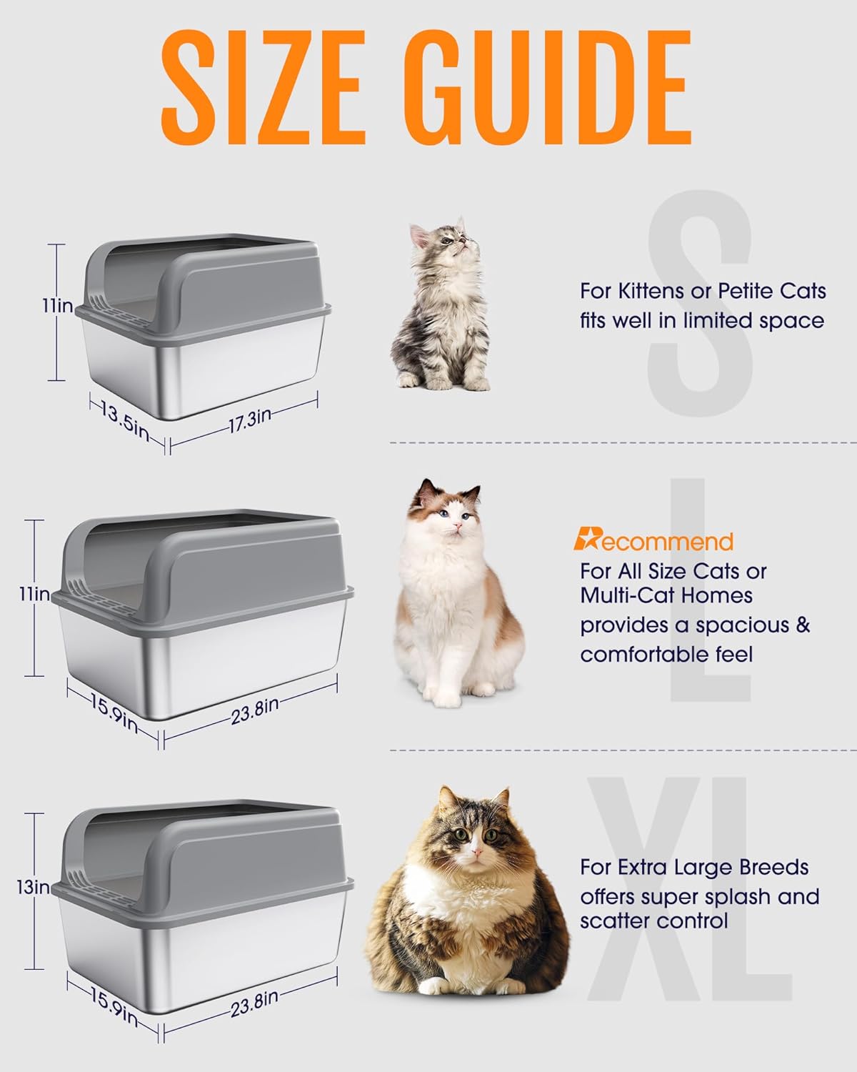 Stainless Steel Cat Litter Box, Metal Kitty Litter Box with Scoop, Anti-Leakage Top Entry, Non-Sticky, Easy to Clean, Grey, S (1 Pack)