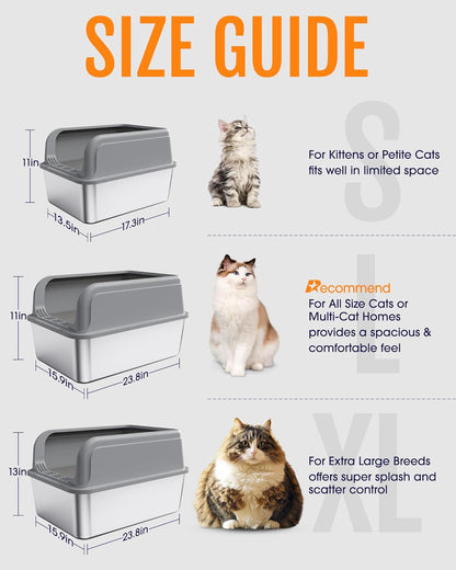 Stainless Steel Cat Litter Box, Metal Kitty Litter Box with Scoop, Anti-Leakage Top Entry, Non-Sticky, Easy to Clean, Grey, S (1 Pack)