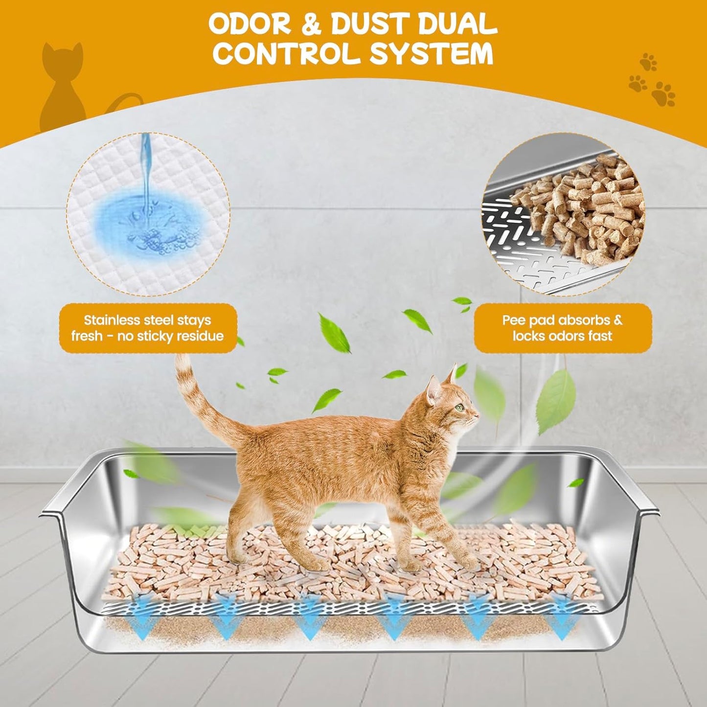 23.6''x15.7''x6'' Stainless Steel Sifting Litter Box, XL Large Metal Sifting Cat Litter Box for Pine Pellets, Litter Pan Tray System for Indoor Cats with Scoop and Pee Pad, Easy to Clean(6 Inch)