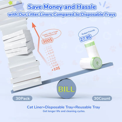 Litter Box Liners Compatible with Pet Scoop free Self-Cleaning Box 30 Count Drawstring Cat Litter Waste Bags for Reusable Tray - Disposable Tray Refills, Tear-resistant - Leak-proof Cat Poop Bags