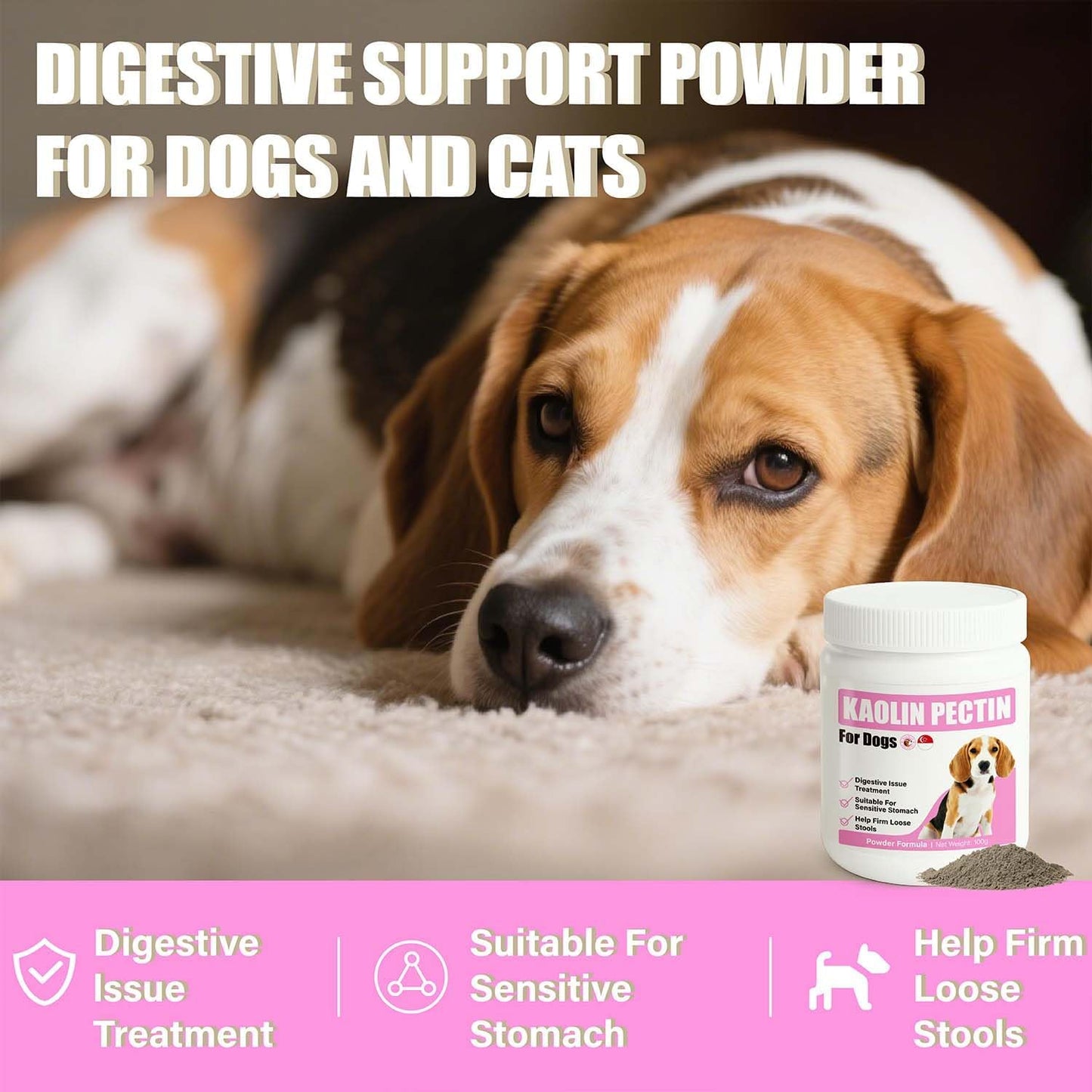 Kaolin Pectin Powder for Dogs, Fast-Acting Anti-Diarrhea Formula with Probiotics – Soothes Upset Stomach, Firms Loose Stool, Digestive Support Supplement for Pet