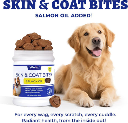 260 Bites Wellix Dog Skin and Coat Supplement - Affordable, Long-Lasting Omega 3 Fish Oil for Dogs - Supports Skin & Coat, Itching Relief & Anti-Shedding Tasty Dog Allergy Chews