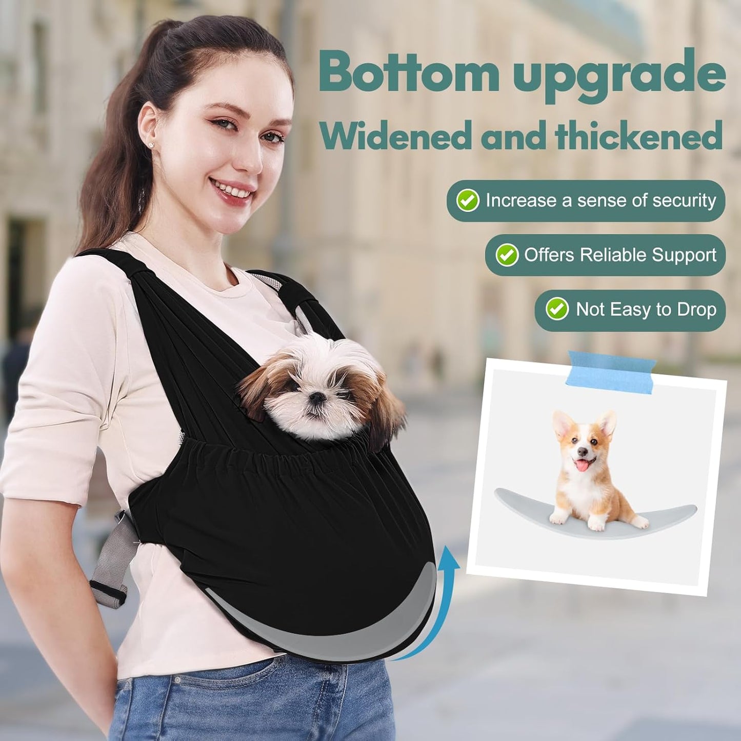 Supet Dog Sling Carrier for Small Pets, Hands Free Cat Sling, Reducing Back Neck Pain Anti-Anxiety Puppy Front, Adjustable Soft Dog Carrying (Black, Plus)