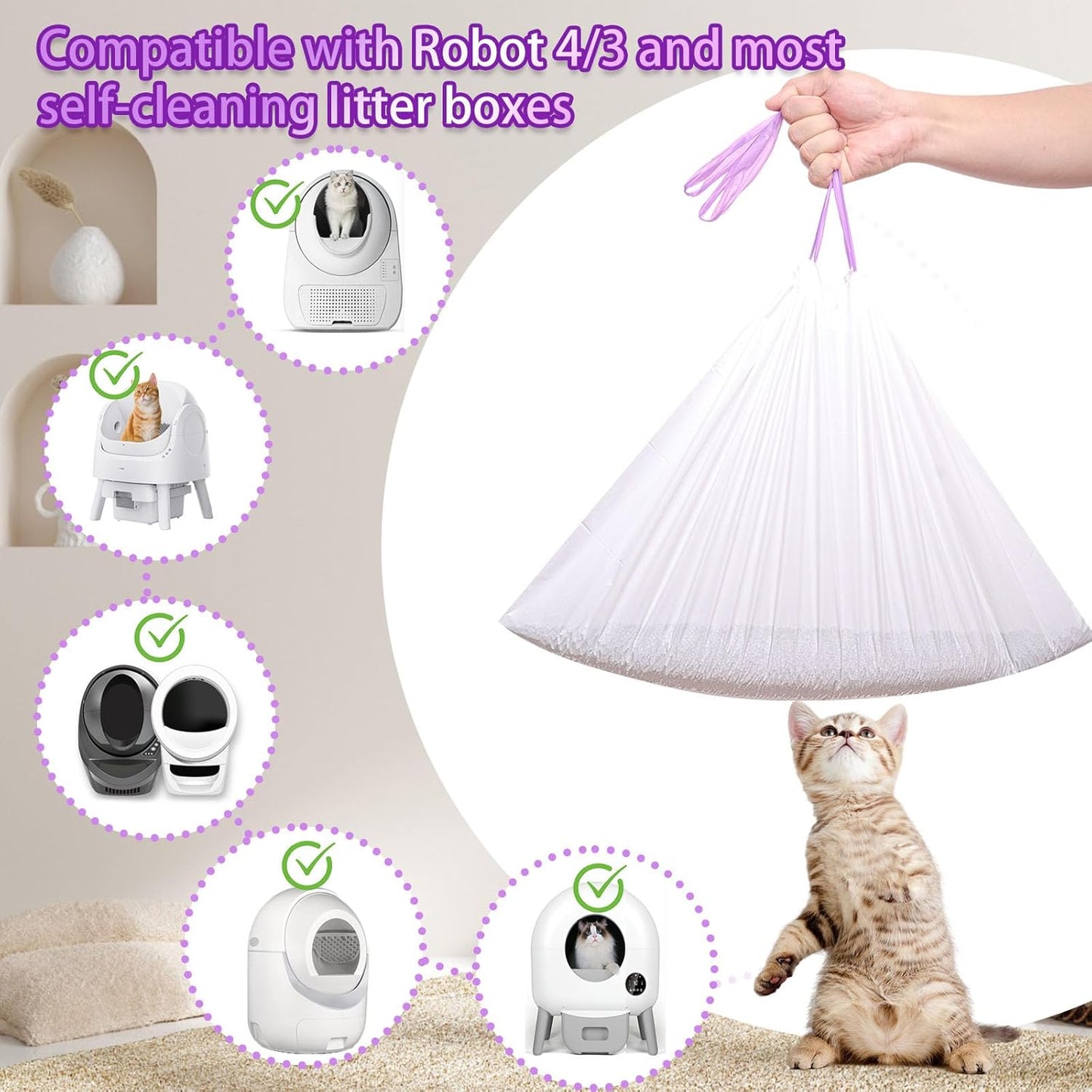 100 Pack Drawstring Cat Litter Box Liners Compatible with Litter-Robot 3/4, Waste Bags Heavy Duty for Automatic Self Cleaning Litter Box