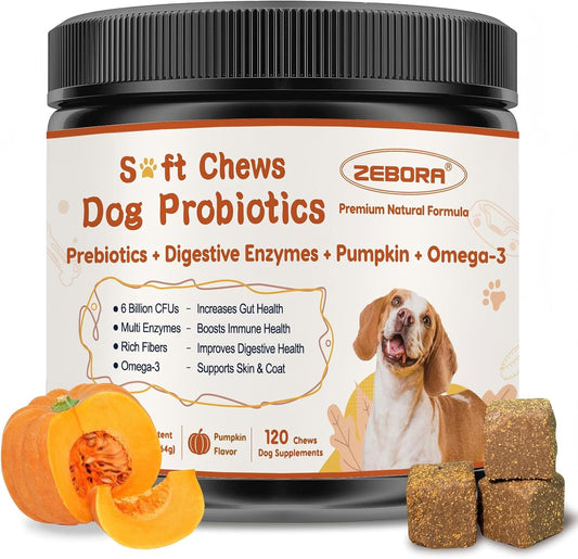 ZEBORA Probiotics for Dogs - Dog Probiotics, Pumpkin for Digestive & Gut Health, Digestive Enzymes & Prebiotic for Occasional Diarrhea, Support Immune, Skin & Allergies, 120 Soft Chews, Pumpkin Flavor