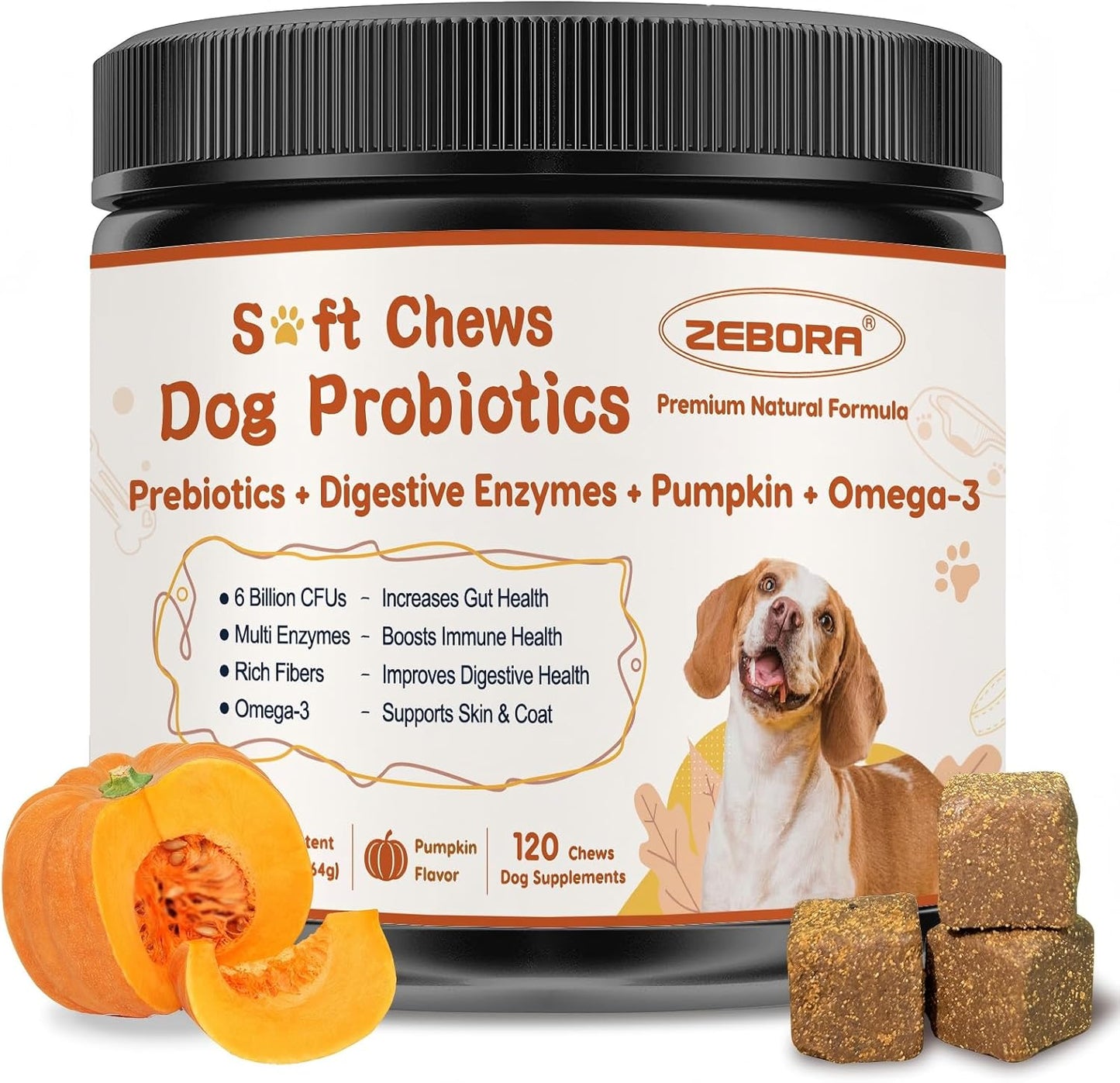 ZEBORA Probiotics for Dogs - Dog Probiotics, Pumpkin for Digestive & Gut Health, Digestive Enzymes & Prebiotic for Occasional Diarrhea, Support Immune, Skin & Allergies, 120 Soft Chews, Pumpkin Flavor