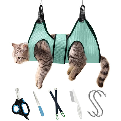 Pet Grooming Hammock with Safety Belt for Nail Trimming and Bathing - Cat and Dog Grooming Harness with Claw Care Bag (XS, Check Size Chart)