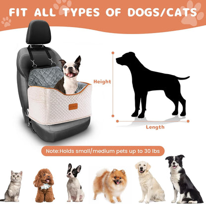 Memory Foam Booster Dog Car Seat with Washable Removable Cover, Elevated Pet Car Seat, Anti-Slip Sturdy Booster Seats for Small Dogs 35lbs, Seat Belt, Storage Pocket, Dog Blankets