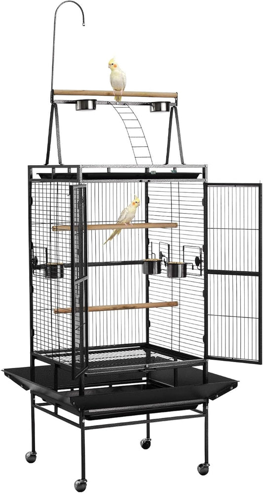 VEVOR Bird Cage, 32.7 x 31.1 x 82.7 inch, Open Flat Top, Wrought Iron Bird Flight Cage with Perches, Slide-Out Tray, Plastic Feeders, for Cockatiel, Monk Parakeet, Amazon Parrot, African Grey Parrot