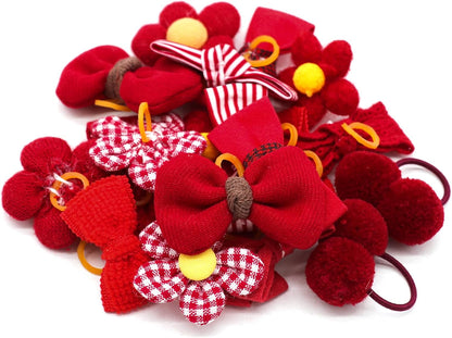 20pc Red Small Dog Hair Bows with Rubber Bands, Bulk Puppy Dog Hair Bows, Mix Handmade Cute Dog Gooming Flower Ball Bowknot Top Knot for Holiday Daily Yorkie Dog Hair Accessories