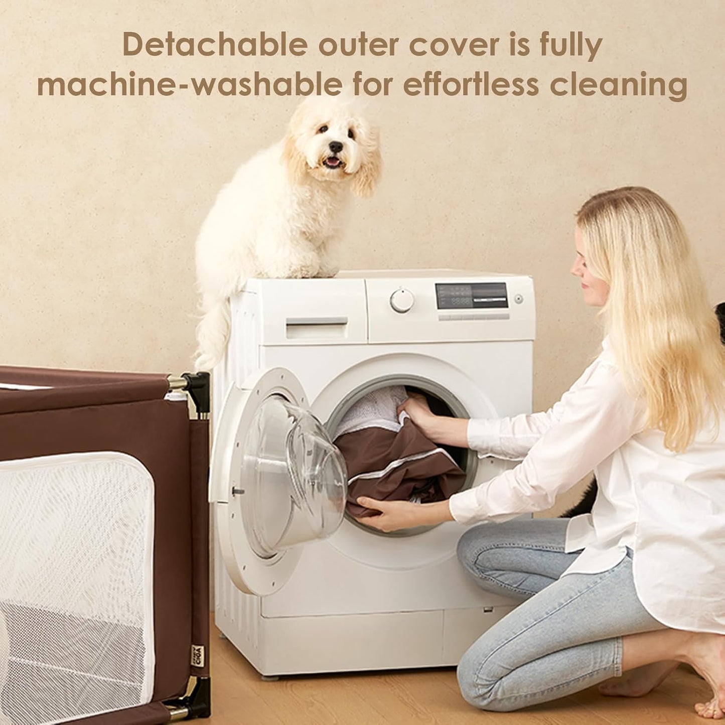 EHEYCIGA 42x42x26 Inches Puppy Playpen with Top Cover for Dogs & Cats Indoor or Outdoor - Dog Playpen with Door, Dog Fence for Small Animal with Heavy-Duty Oxford & Steel Frame, Brown