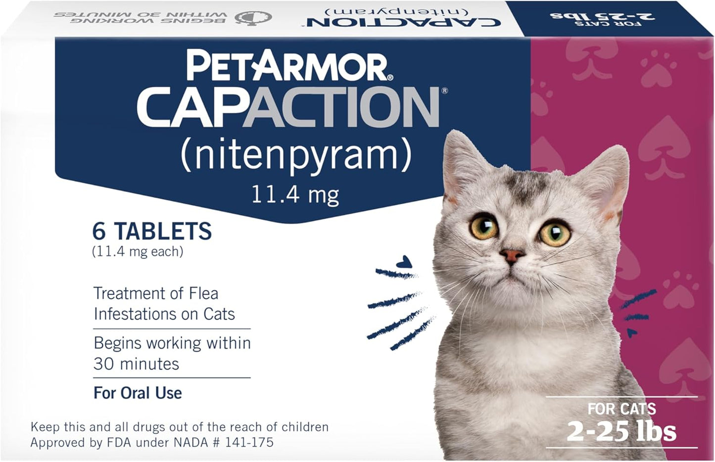 PetArmor CAPACTION (nitenpyram) Oral Flea Treatment for Cats, Cat Flea Treatment Pill, Fast Acting Tablets Start Killing in 30 Minutes, 2-25 lbs, 6 Doses
