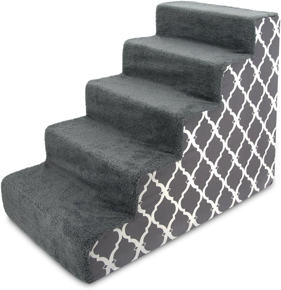 Best Pet Supplies Dog Stairs for Small Dogs & Cats, Foam Pet Steps Portable Ramp for Couch Sofa and High Bed Non-Slip Balanced Indoor Step Support, Paw Safe No Assembly - Gray Lattice Print, 5-Step