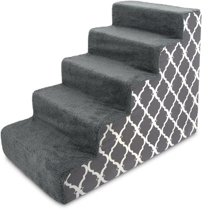 Best Pet Supplies Dog Stairs for Small Dogs & Cats, Foam Pet Steps Portable Ramp for Couch Sofa and High Bed Non-Slip Balanced Indoor Step Support, Paw Safe No Assembly - Gray Lattice Print, 5-Step
