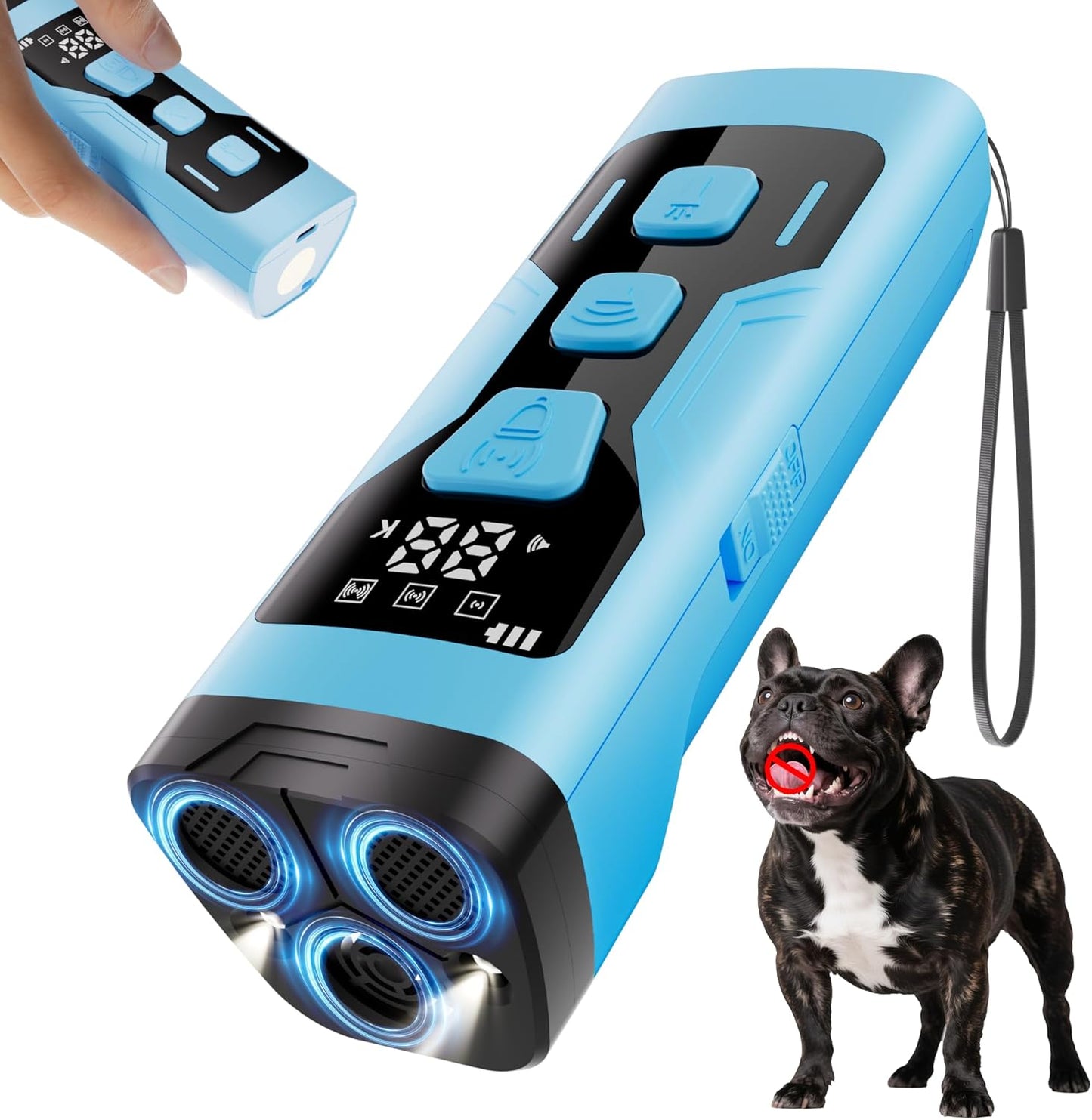 Dog Bark Deterrent Devices, 3X Ultrasonic 65FT Anti Barking Device, 4 Gear Frequencies Safer Alternatives to Dog Training Bark Collars, Portable Design with Display for All Dogs (Blue)