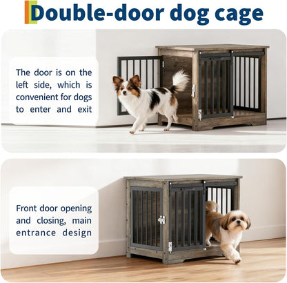 32" Dog Crate Furniture with Barn Doors for Small & Medium Dogs, Wooden Indoor Pet Kennel Furniture, Double Door Dog Cage & Side Table, Heavy Duty Chew & Escape Resistant