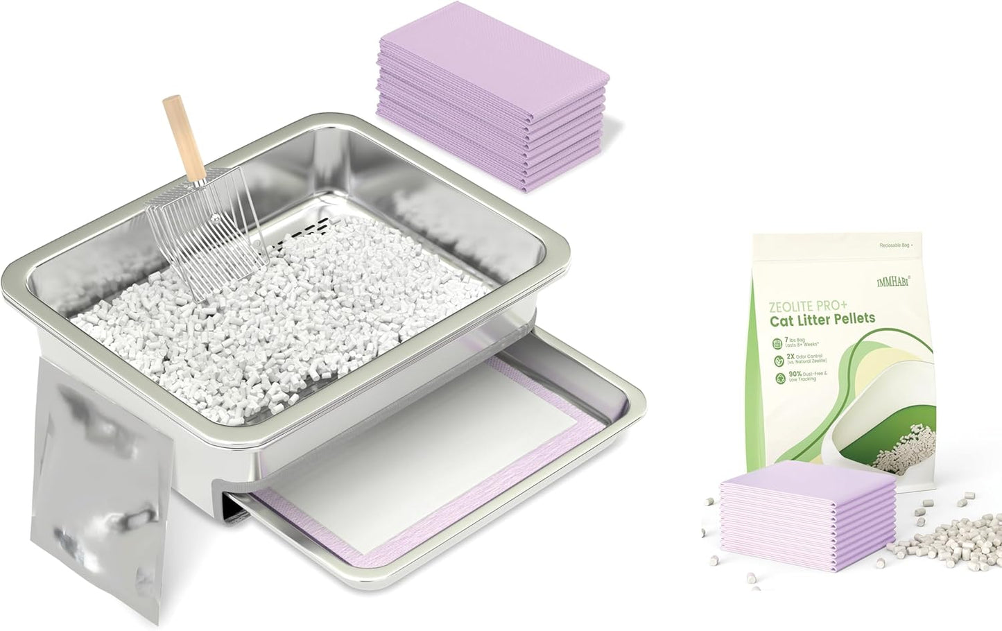 Premium Low-Track Bundle: Steel Litter Box & Low-Dust Zeolite + Pads