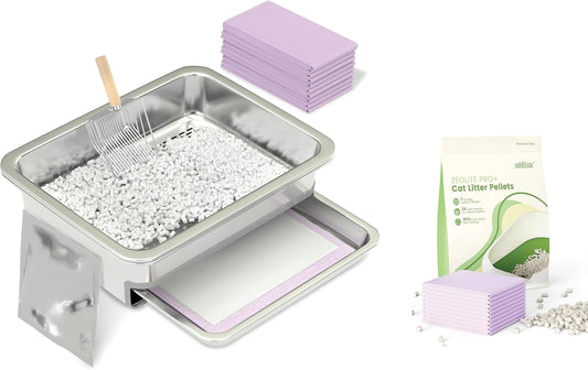 Premium Low-Track Bundle: Steel Litter Box & Low-Dust Zeolite + Pads
