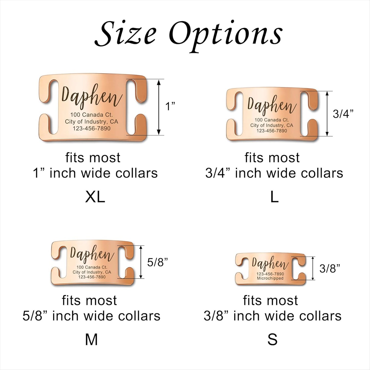 Anavia Slide On Silent Pet ID Tags, S/M/L/XL Personalized Gold Black Stainless Steel Customized Engraved Cat Dog Name Tags, Glossy Finish Chew-Proof Quiet Dog Collar Tag (Medium, Rose Gold)