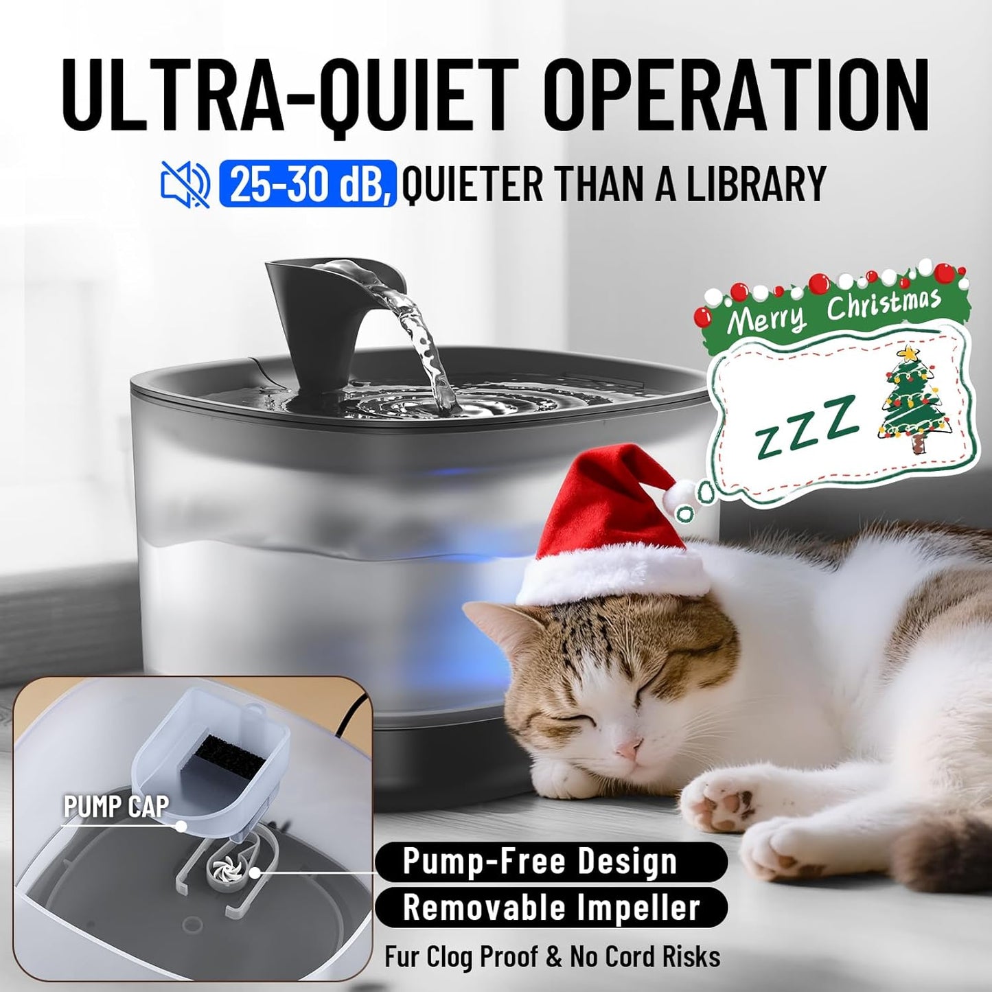 Veken Cat Water Fountain with Detachable Tank, Easy to Clean & Assemble, 84oz/2.5L Pet Drinking Dispenser with Quiet Operation & LED Light, Gifts for Christmas, Cats, Dogs and Small Pets, Black