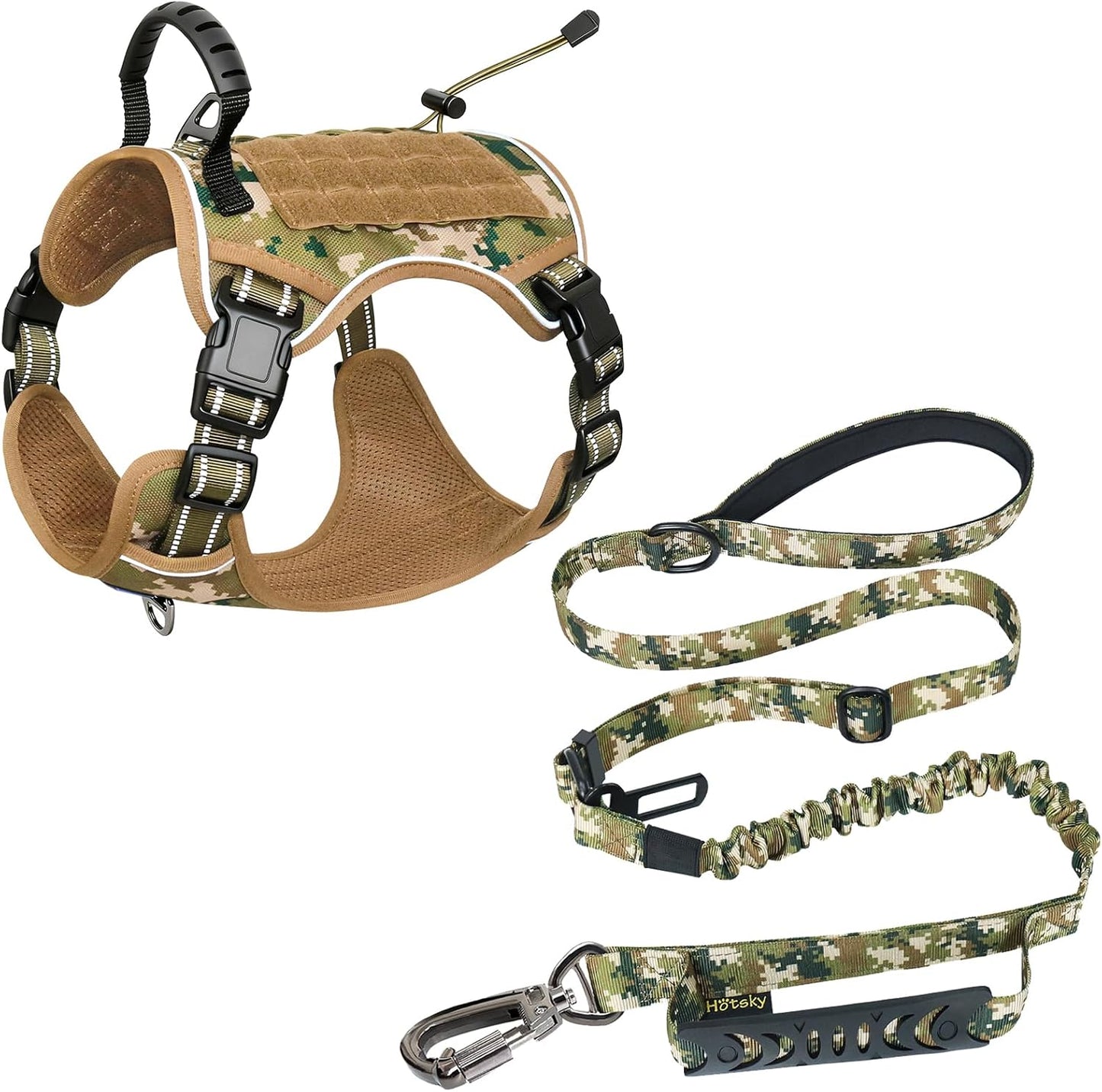 Hotsky Tactical Dog Seatbelt Harness for Medium Dogs No Pull, Adjustable Military Service Dog Vest Reflective Pet Harness with Control Handle Molle Loop Panels for Dogs Training Walking(Army Camo, M)