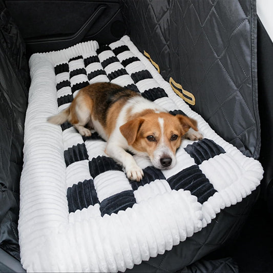 Dog Car Bed Mat, 3-Sided Bolster Anti-Slip Dog Seat Cover for Back Seat, Cushioned Pet Bed Mat with Head Support, Checkered Pet Mat for Dogs, Fit for Backseat Extenders, Cars SUVs Home Use