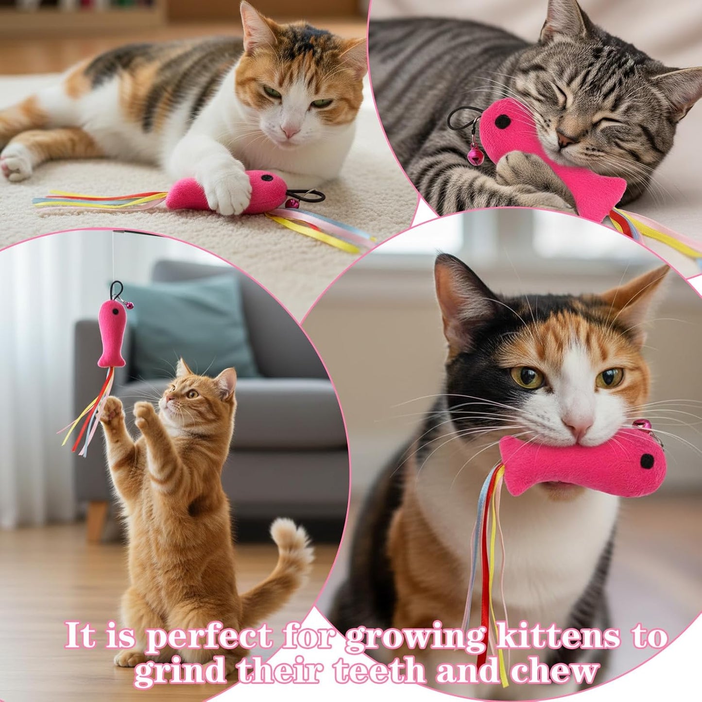 5 PCS Fish and Mice Catnip Toys Plush Filled, Cat Toys Pink Fish Catnip Toy for Cats Flopping Cats Fishs Toy Filled Soft Plush, Premium CatWandToy Accessories with Ribbons for Indoor CatKitten Play