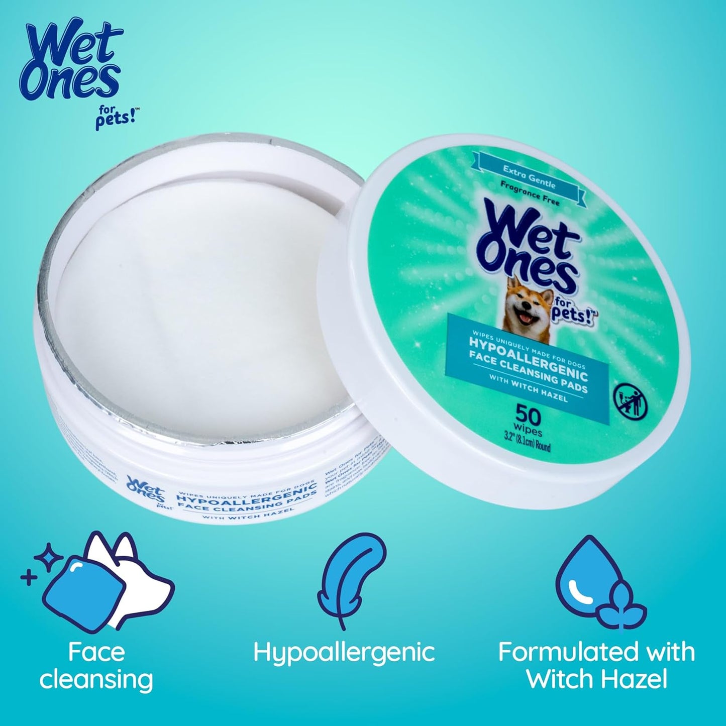 Wet Ones for Pets Hypoallergenic Face Cleansing Pads for Dogs, Fragrance Free - Small, Disposable Round Dog Face Cleaning Wipes, Extra Gentle, 50 Count (Pack of 2)