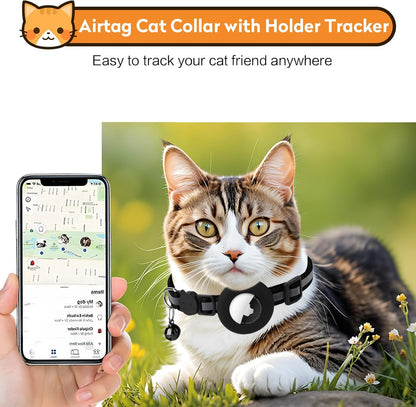 Airtag Cat Collar with Bell, Reflective Nylon Kitten Collar with Apple Air Tag Holder and Breakaway Safety Buckle for Puppy Girl Boy Cats, 3/8" in Width and Lightweight, Black