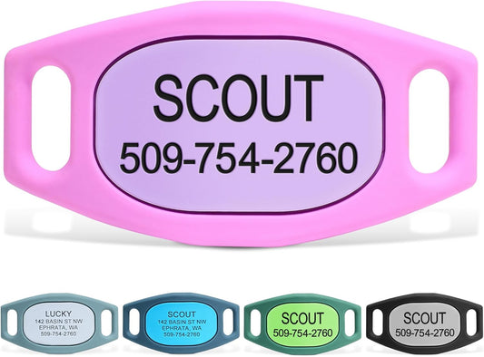 GoTags Silent Dog Tag, Personalized Engraved Silicone and Cat Name Pet ID Tags, Soundless Quiet Slide On Nameplate for Collars, No More Jingling Tags (Pink, Medium)