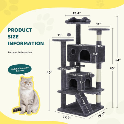 Cat Tree 54 Inch, Multi-Level Cat Tower with Condo, Perches, Sisal Scratching Posts and Climbing Ladder, Pet Play Toy Balls House for Indoor Cats, Dark Grey
