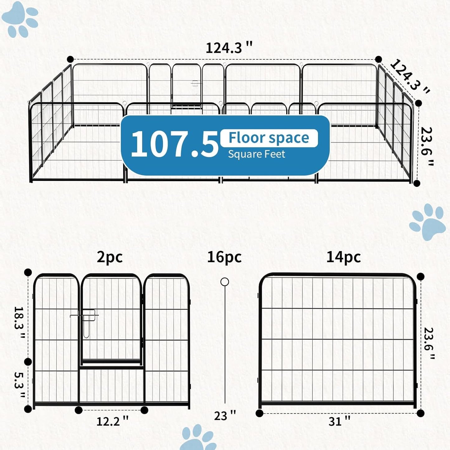 NEWBULIG Dog Playpen 16 Panels 24" Height Foldable Heavy Duty Metal Dog Exercise Playpen Puppy Fence for Indoor Outdoor Yard
