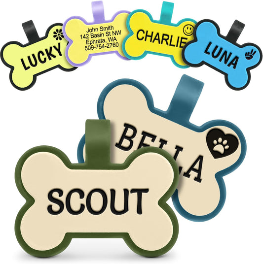 GoTags Silicone Dog Tags, Soundless Pet Tag, Personalized Silent Tag Engraved for Pets with Cute Custom Designs, for Dogs and Cats, (Bone, Matcha)