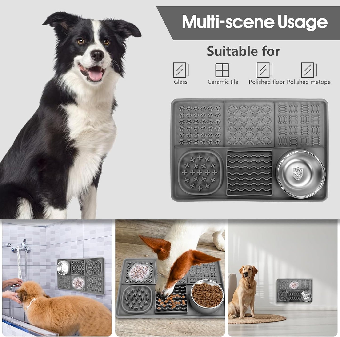 Dog Lick Mat for Small Dogs Cats, 13.8 x 9 Inches Silicone Slow Feeder Dog Licking Mat with Bowls, Peanut Butter Feeding Mat for Anxiety Relief, Reduce Boredom, Improve Eating Habit (Grey)