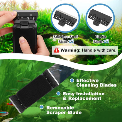 fishkeeper Magnetic Aquarium Glass Cleaner, Dual-Blades Algae Fish Tank Glass Cleaner Brush for 0.2-0.4 Inch Thick Glass Aquariums Tank, Self-Floating Scrubber Brush with 4 Detachable Scraper