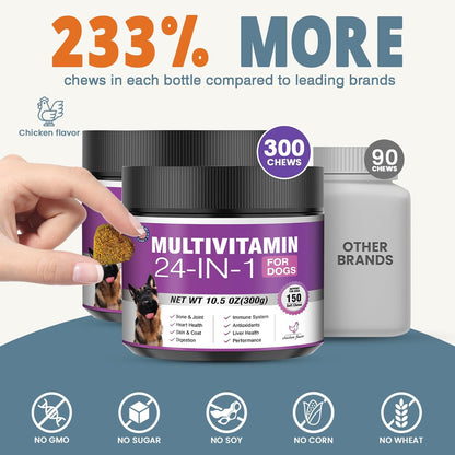 24-in-1 Dog Vitamins and Supplements 300 Ct Dogs Multivitamin Chewable Contain Chondroitin Probiotics Omega-3 Glucosamine for Dogs Skin Coat Heart Joint Gut Liver Brain Eyes Immune Support - Chicken