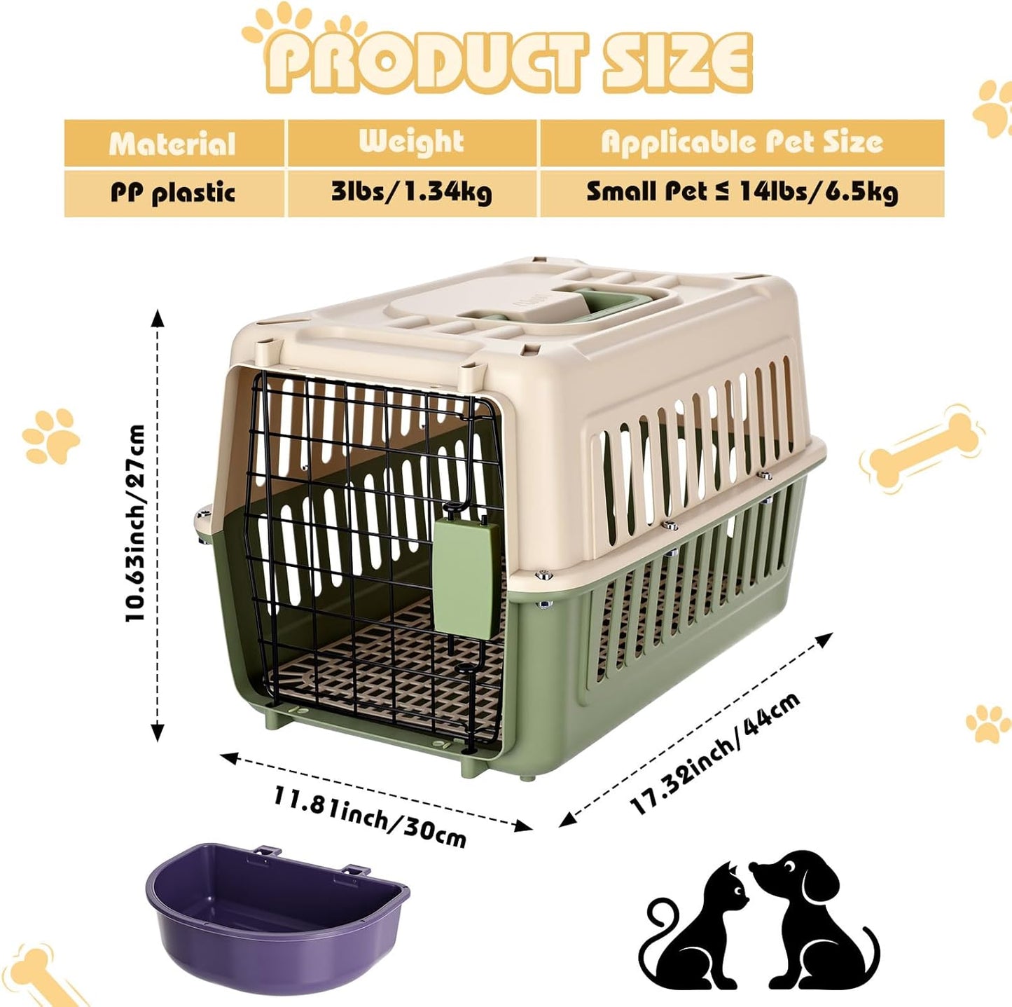 2 Set Travel Pet Carrier Small Plastic Hard Cat Dog Carrier with Bowl Wire Door and Grille Mat Breathable Portable Puppy Kennel for Walking Camping Veterinary Visits (Green White)