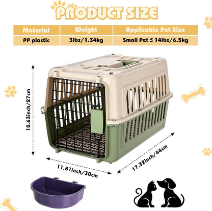 2 Set Travel Pet Carrier Small Plastic Hard Cat Dog Carrier with Bowl Wire Door and Grille Mat Breathable Portable Puppy Kennel for Walking Camping Veterinary Visits (Green White)