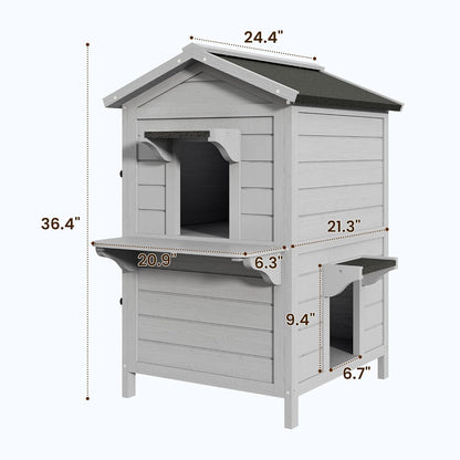 Outdoor Cat House Wooden Shelter: Large Weatherproof Pet Enclosure for Indoor or Feral Cats, 2-Tier Cat House for Outside Cats