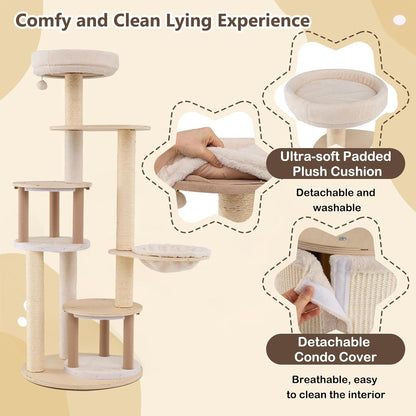 PETSITE 60 Inches Wooden Cat Tree, Multi-Level Modern Cat Tower with Sisal Scratching Posts, Double Condos, Padded Cozy Top Perch, Multiple Jumping Platforms, and Hanging Ball, Ideal for Indoor Cats