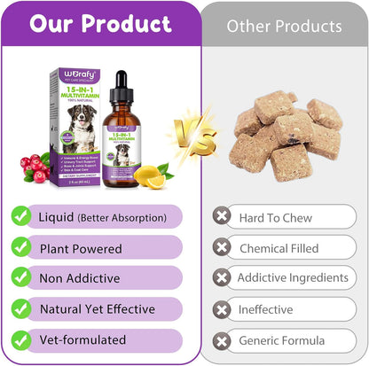Dog Multivitamin Drops, 15 in 1 Multivitamin Liquid for Dog with Vitamin C-20 Mg, Vitamin D-100 Iu & B1-3,Dog Health Supplements for Skin Care, Joints & HIPS,Gut