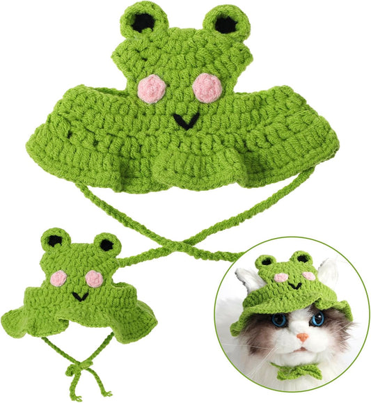 Charming Cat Hat Small Cartoon Themed Knit Cute Cats Bonnet Soft Festive Cats Costumes Halloween Christmas Holiday Party Clothes Head Wear Accessories for Puppy Cat Kitten Dogs Pets Animals (Green)